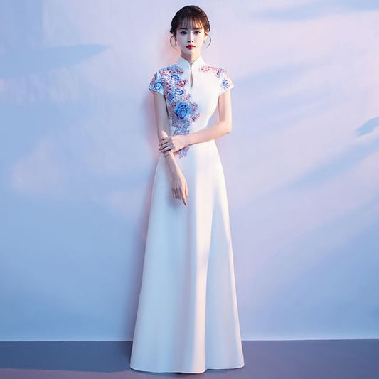 Short-Sleeve Stand Collar Floral Embroidered A-Line Evening Gown