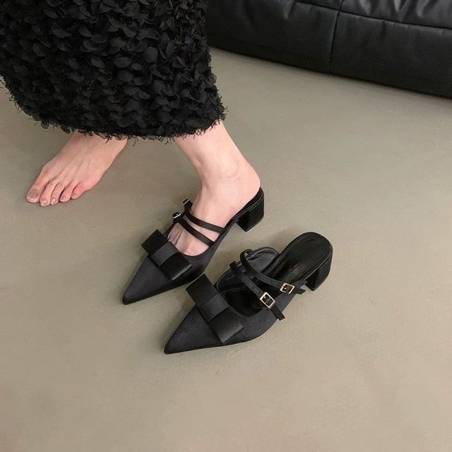 Chunky Jane Toe Mules Mary Pointed Heel Bow