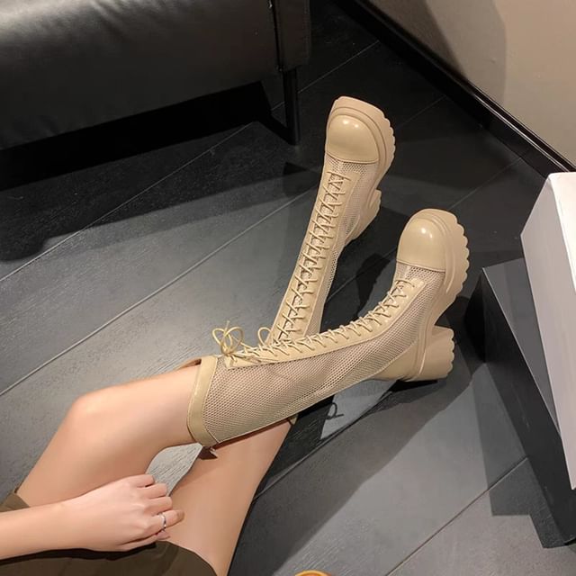 Heel Platform Lace-Up Tall Mesh Boots Panel Chunky