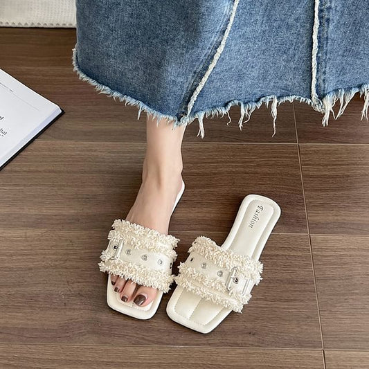Slide Tasseled Square-Toe Buckled Sandals