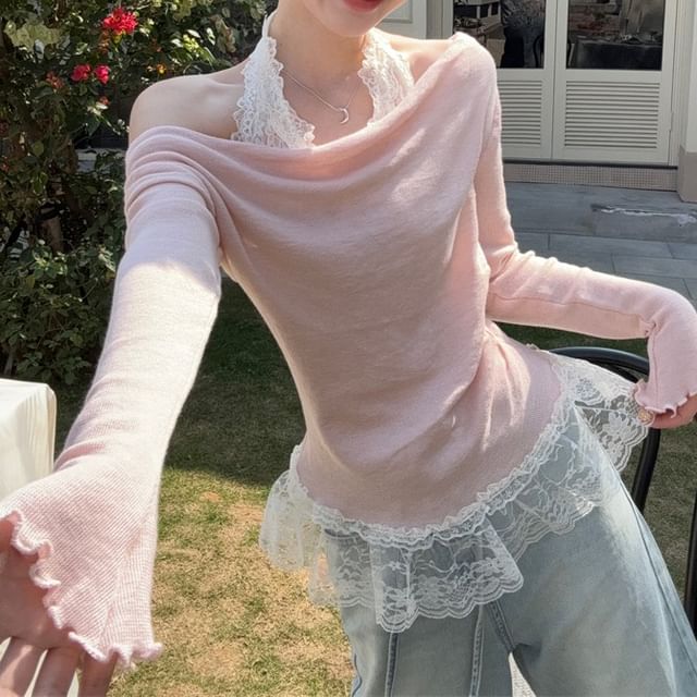 Mock Lace Panel Fit Slim Halter Tee Long-Sleeve Two-Piece