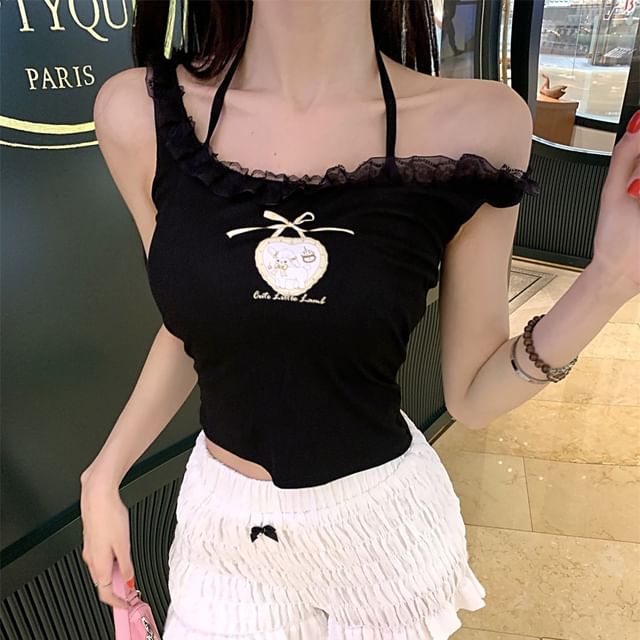 Crop Cartoon Lace Top Cami Trim Print