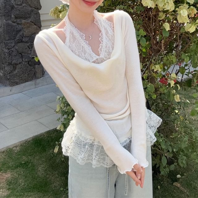 Mock Lace Panel Fit Slim Halter Tee Long-Sleeve Two-Piece