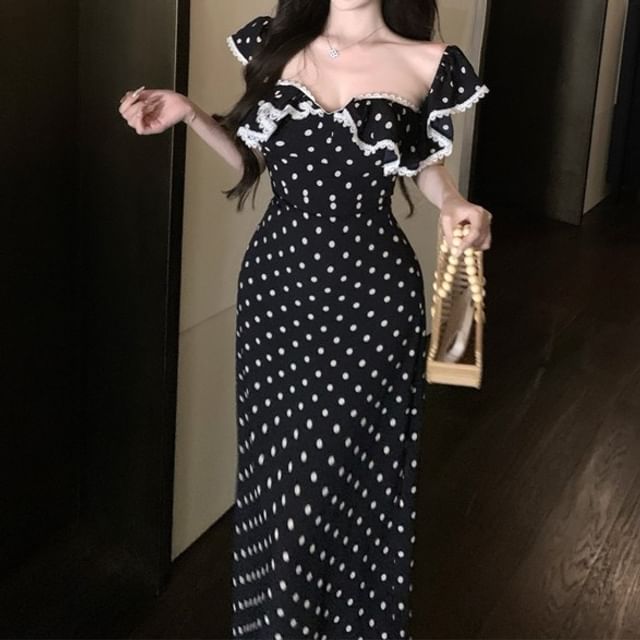 Slim Tank Dotted Top Lace Maxi Sheath Ruffle Cap-Sleeve / Fit Dress Trim