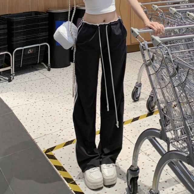 Short-Sleeve / Loose Drawstring Striped Trim Off-Shoulder Crop Pants Waist Tee Plain Fit