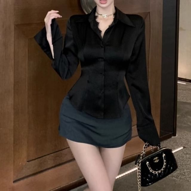 Lace Rise Trim / Pencil Collared Plain Mini Blouse Skirt High Button-Up Long-Sleeve
