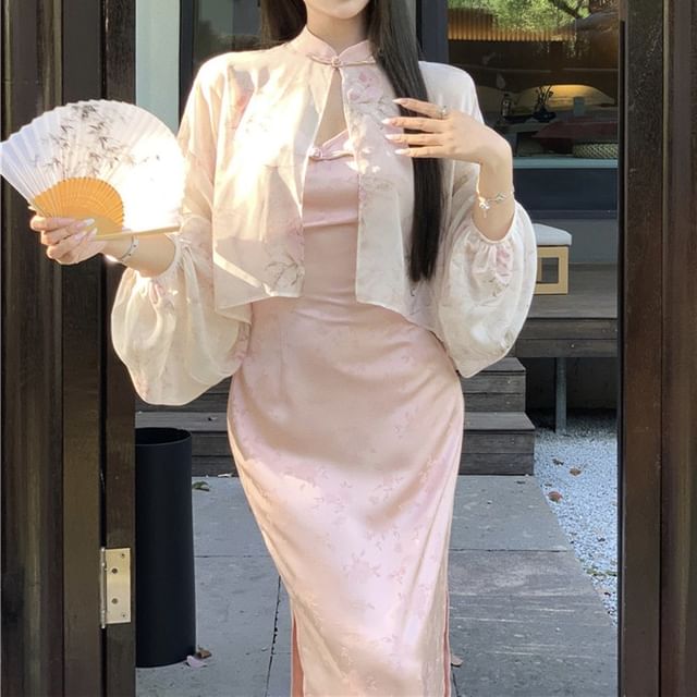 Jacquard Jacket Strap Maxi Mandarin Frog Closure Floral Slit V-Neck Light / Sheath Dress Spaghetti Collar Print