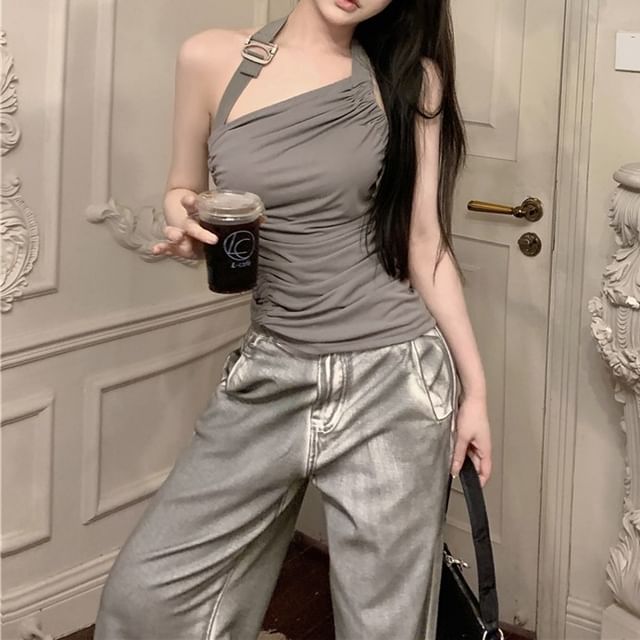 Waist / High Asymmetrical Buckled Leg Neck Top Wide Back Halter Ruched Jeans Washed Plain Open