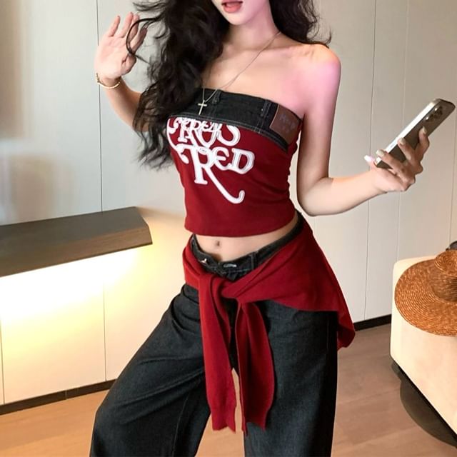 Denim Wide Top Lettering Leg Tube High Crop Shawl Rise / Plain Jeans Print Panel