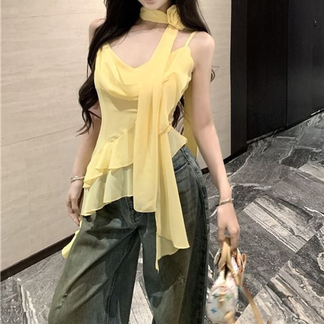 Set: Camisole Plain + Scarf Asymmetrical Hem Ruffle Crop Top V-Neck