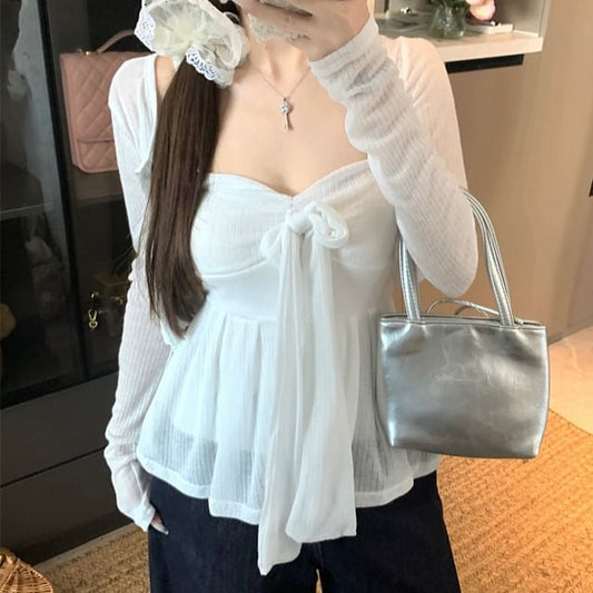 / Sweetheart Top Crop Neck Plain Tube Button-Up Neckline Bow Accent Flowy Round Cardigan