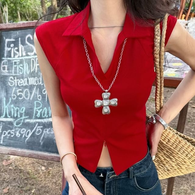 Plain Zipped Crop Sleeveless Slit Fit Top Collared Slim