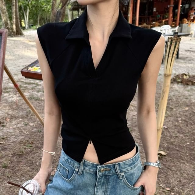 Plain Zipped Crop Sleeveless Slit Fit Top Collared Slim