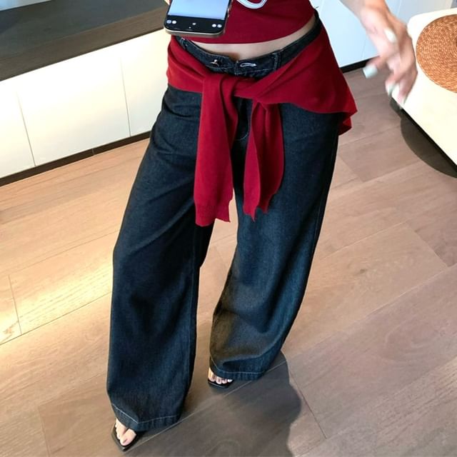 Denim Wide Top Lettering Leg Tube High Crop Shawl Rise / Plain Jeans Print Panel