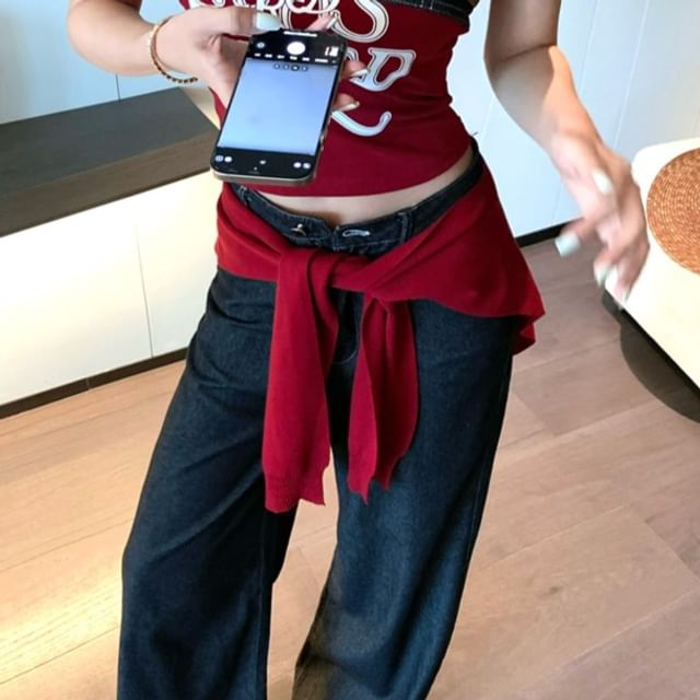 Denim Wide Top Lettering Leg Tube High Crop Shawl Rise / Plain Jeans Print Panel