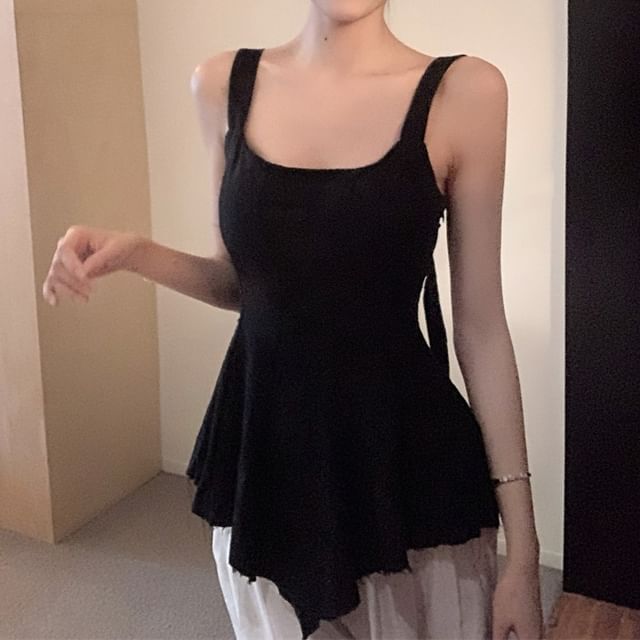 Top Asymmetrical Jacquard Frayed Neck Scoop Peplum Tank