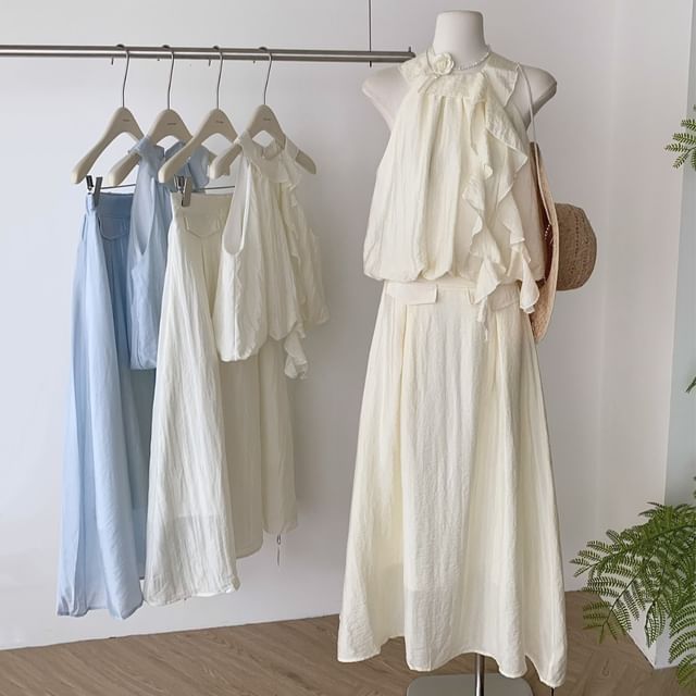 A-Line Rise Halter High Ruffle Midi Blouse + Plain Skirt Set: