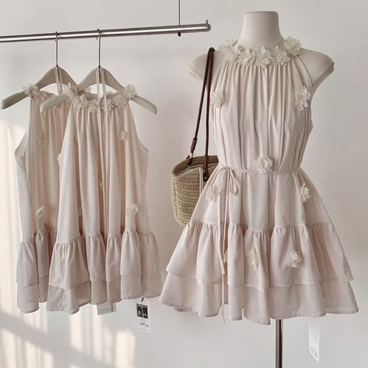 Mini Ruffle Detail Flower Halter Sundress Plain