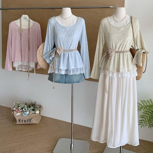 Neck Tee Plain Round Trim Long-Sleeve Lace