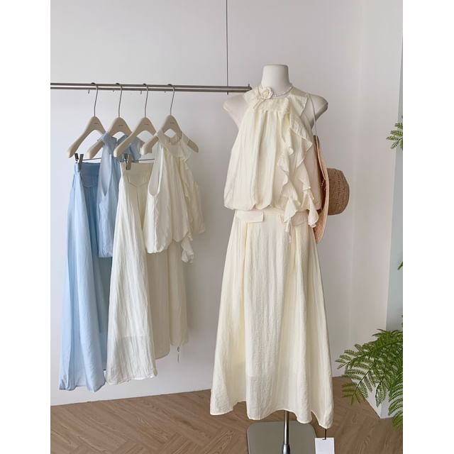 A-Line Rise Halter High Ruffle Midi Blouse + Plain Skirt Set: