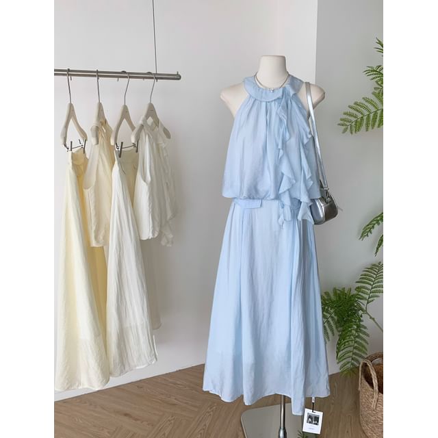 A-Line Rise Halter High Ruffle Midi Blouse + Plain Skirt Set: