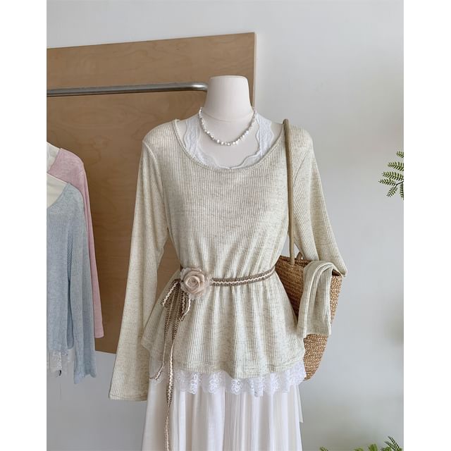 Neck Tee Plain Round Trim Long-Sleeve Lace
