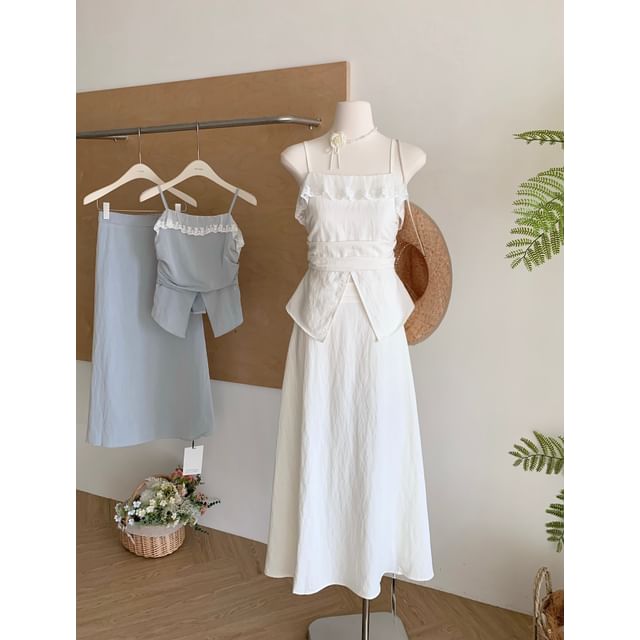 Set: Midi Top Skirt Camisole Plain Rise A-Line Front-Slit Trim High Lace +