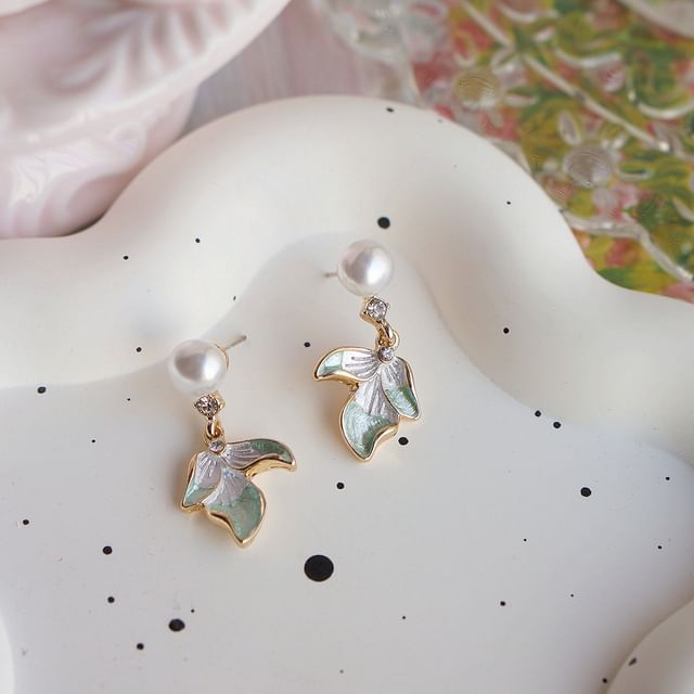 Pearl Drop Rhinestone Earring / Faux Flower Clip-On