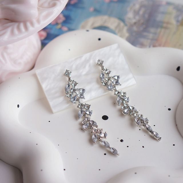 / Earring Rhinestone Drop Leaf Clip-On