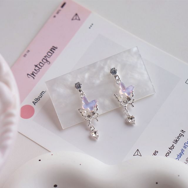 / Rhinestone Drop Earring Clip-On Pearl Faux Butterfly