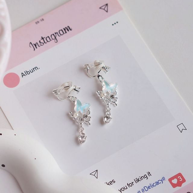 / Rhinestone Drop Earring Clip-On Pearl Faux Butterfly