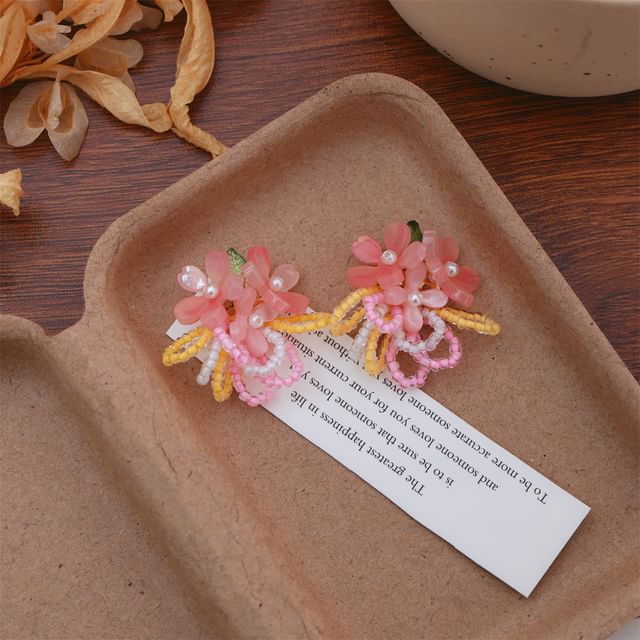 Flower Faux Pearl Beaded Ear Stud / Clip-On Earring