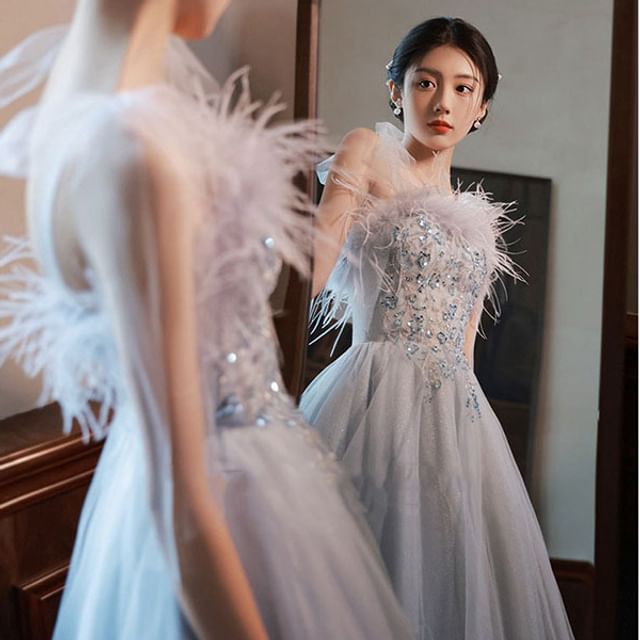 Trim Evening Fluffy Sequined Tie-Shoulder A-Line Gown