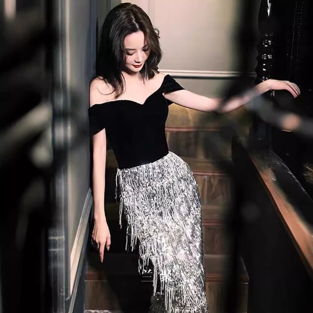 Velvet Sequined Tasseled Evening Gown Off-Shoulder A-Line Panel