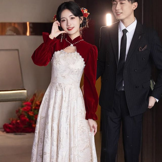 Faux Puff-Sleeve Chinese Jacquard A-Line Floral Wedding Dress Pearl