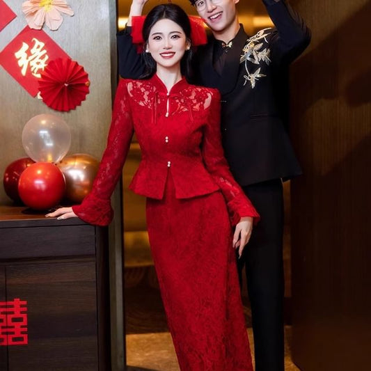 Buttoned Frog Waist Midi Top Pencil + Set: High Skirt Button-Up Long-Sleeve Lace