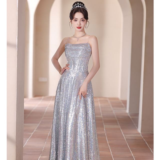 Spaghetti A-Line Evening Gown Strap Sequined