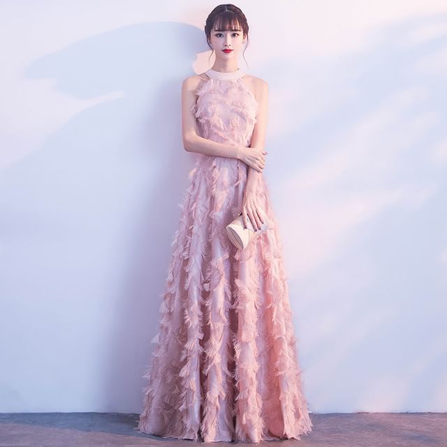 Halter-Neck A-Line Feather Gown Evening