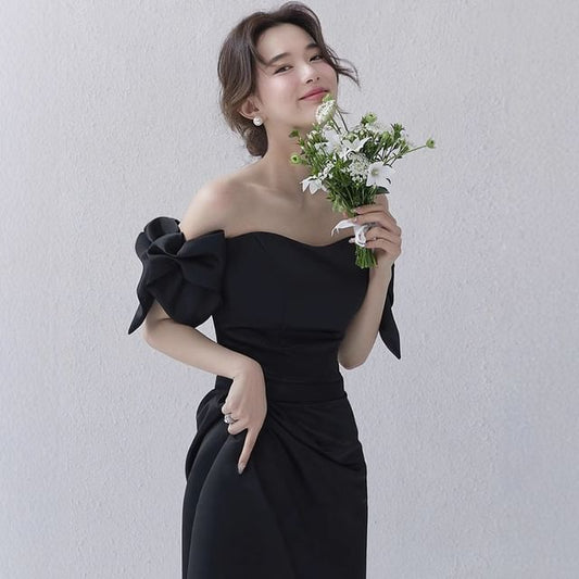 Gown A-Line Bow Puff-Sleeve Off-Shoulder Evening