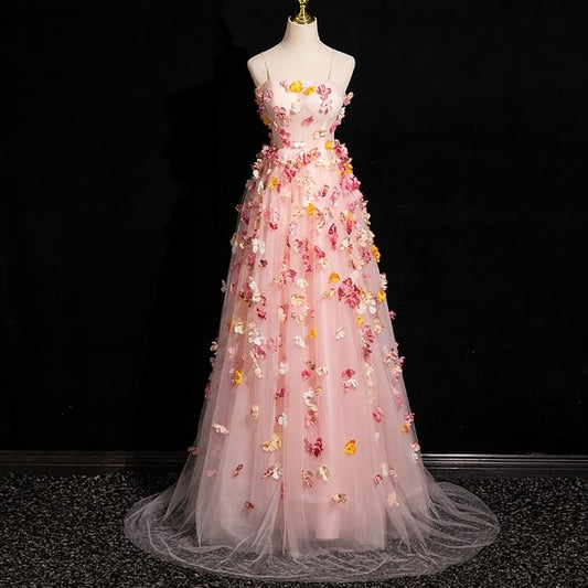 Mesh Spaghetti Applique Floral A-Line Evening Gown Strap