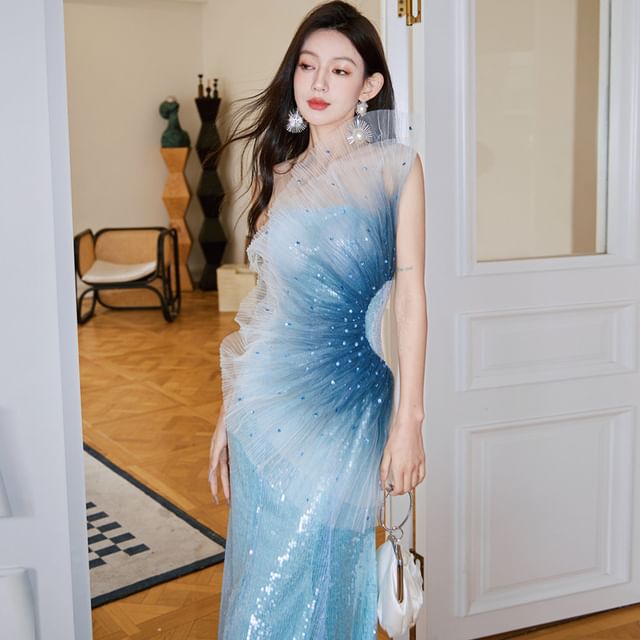 Ombre Evening Mermaid Gown Sequined Shoulder One