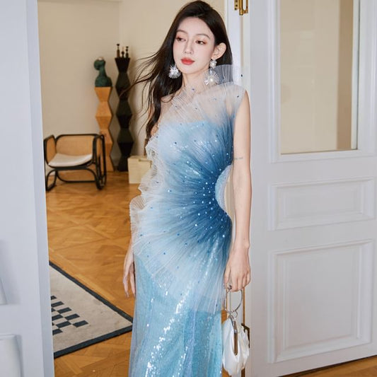 Ombre Evening Mermaid Gown Sequined Shoulder One