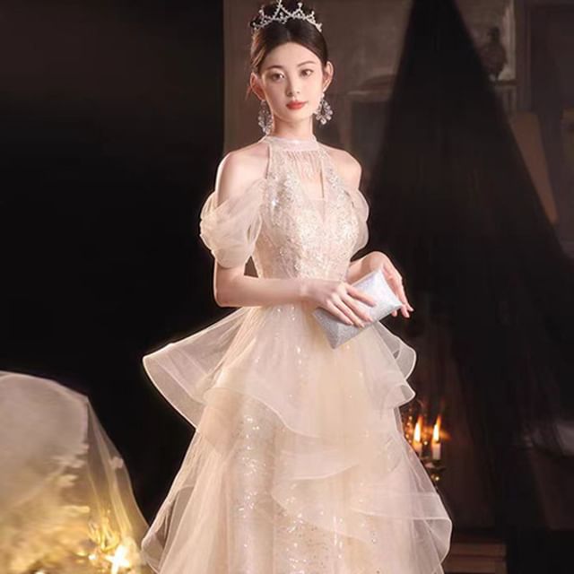 A-Line Evening Gown Cold-Shoulder Sequined Ruffled