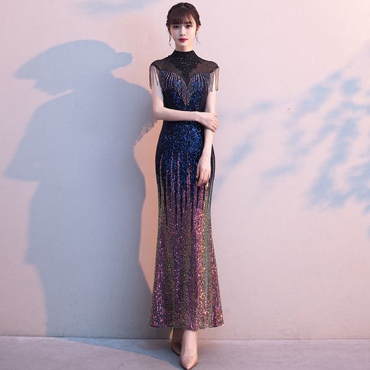 Short-Sleeve High Neck Fringe Sequined Mermaid Evening Gown