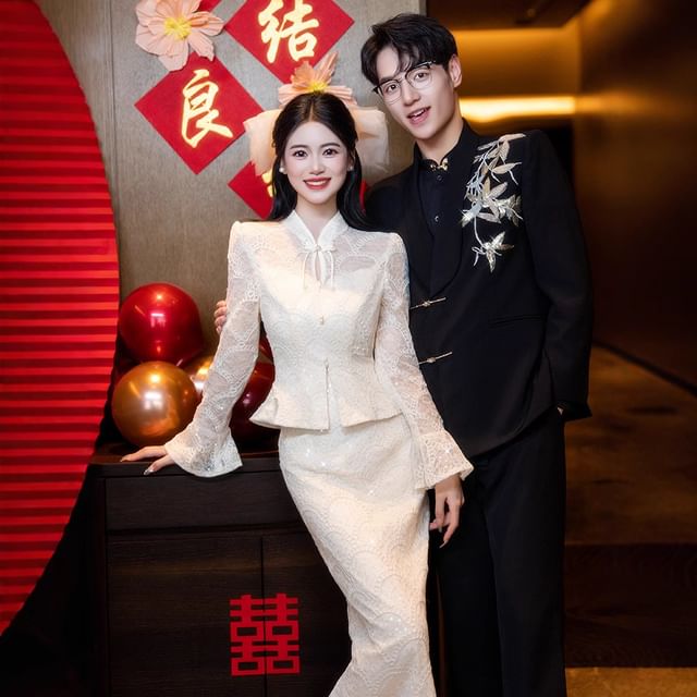 Buttoned Frog Waist Midi Top Pencil + Set: High Skirt Button-Up Long-Sleeve Lace