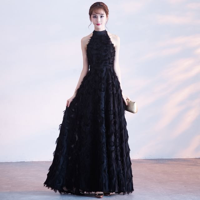 Halter-Neck A-Line Feather Gown Evening