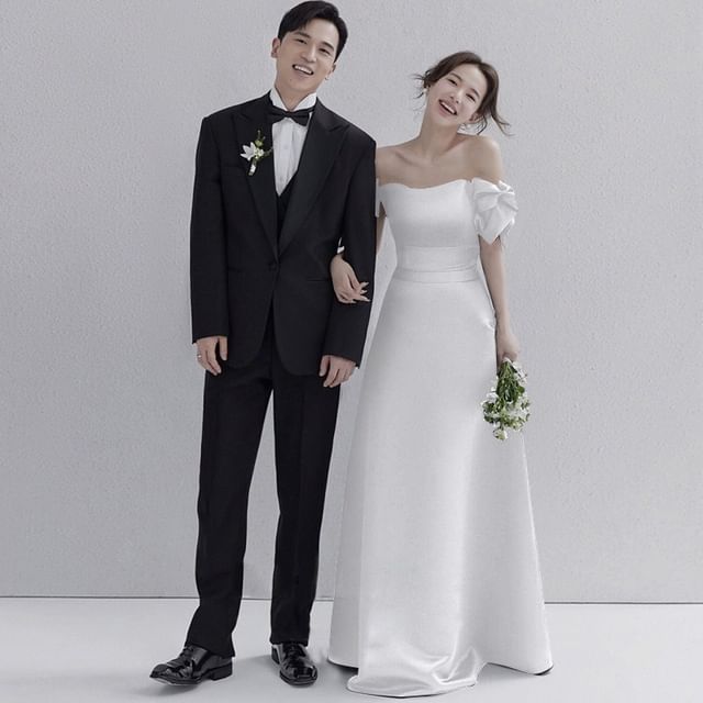 Gown A-Line Bow Puff-Sleeve Off-Shoulder Evening