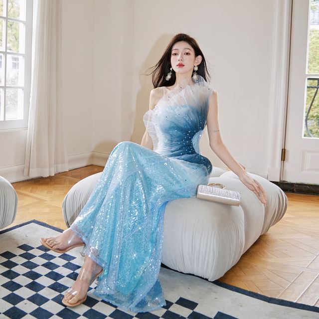 Ombre Evening Mermaid Gown Sequined Shoulder One