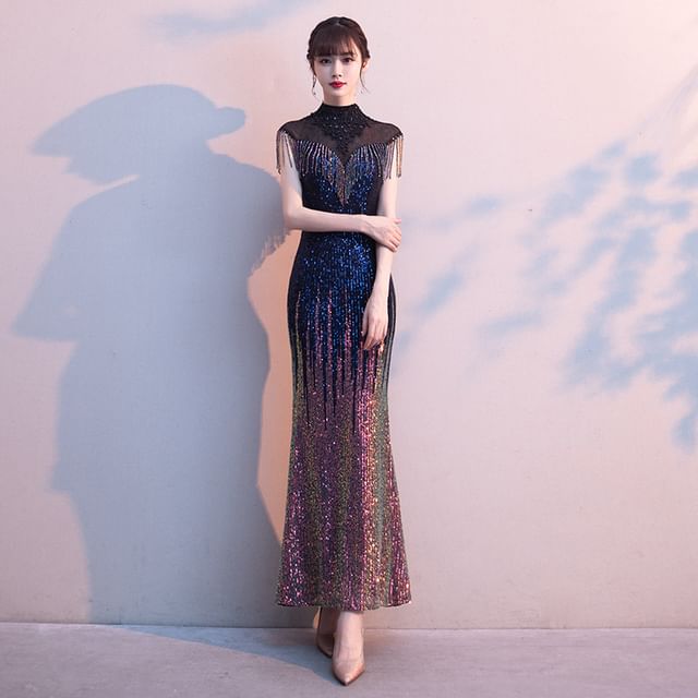 Short-Sleeve High Neck Fringe Sequined Mermaid Evening Gown