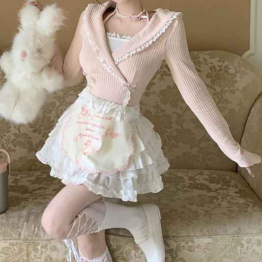 Trim Crop Halter Long-Sleeve / Bow High Lace Set Half Accent Knit Rise A-Line Top Neck Plain Mini Tiered Two-Piece Mock Apron Skirt